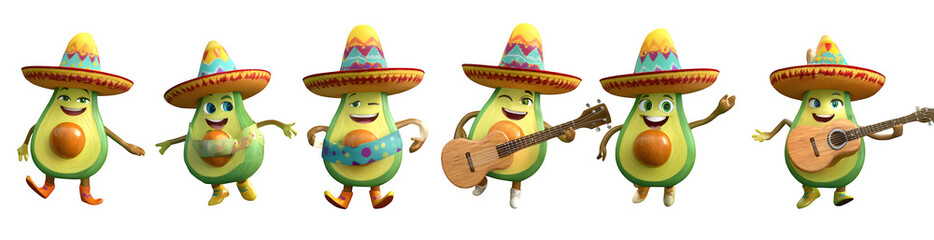 Festive Avocado Characters in Sombreros Playing Music and Dancing, Chinco de Mayo