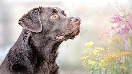 Obraz premium Chocolate Labrador Dog Gazing at Colorful Flowers in a Serene Outdoor Setting