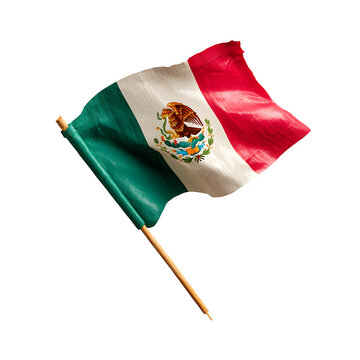 Waving Mexican Flag on Wooden Stick against Black Background National Symbol Patriotism Mexico Independence Day