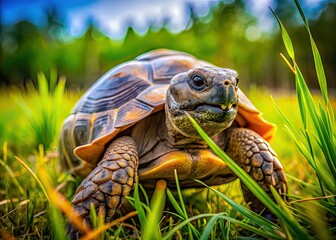 Naklejka premium Large Turtle Walking, Grass Mouth, Candid Wildlife