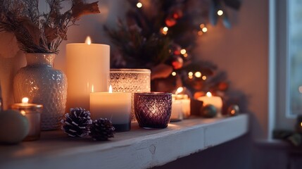 Warm ambiance with candles and winter decorations, creating a cozy and festive atmosphere for holiday celebrations