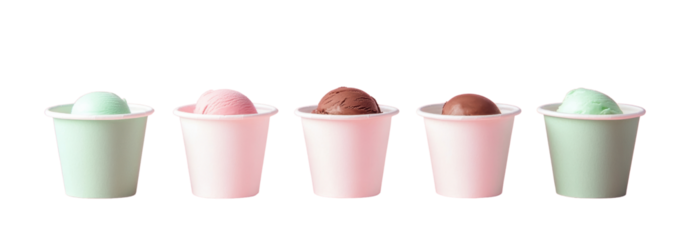 Colorful ice cream cups, white isolated background