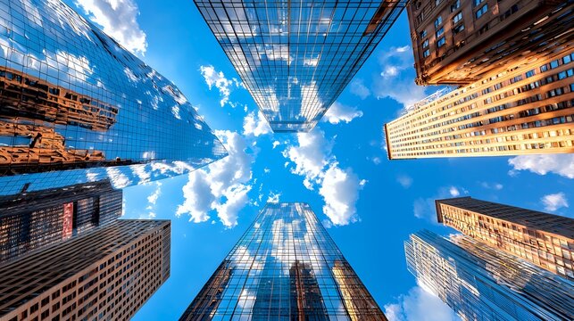 Towering skyscrapers new york city sunny day