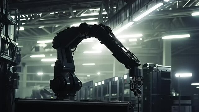 Robotic arm operating in a modern factory setting, showcasing automation and efficiency in production