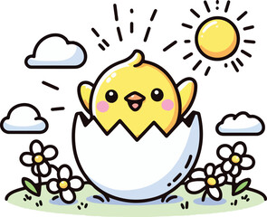 Happy Chick in Easter Egg. Spring Surprise Hatchling. Cartoon Illustration.