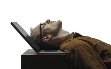 Frustrated person with laptop, white isolate background