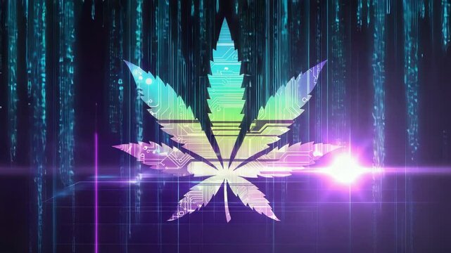 Digital cannabis leaf in binary code rain with circuit board pattern for modern technology concept