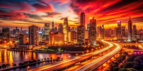 Obraz premium Long Exposure City Skyline Warm Reds Vibrant Background AI Photo