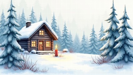 A cozy log cabin with glowing windows stands in a snowy forest, surrounded by snow-covered pine trees and a lit candle in the foreground. Generative, AI,