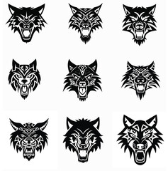 Tribal Wolf Head Silhouettes Vector Set
