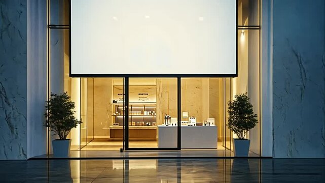 Modern storefront with blank sign nighttime retail business advertising mockup