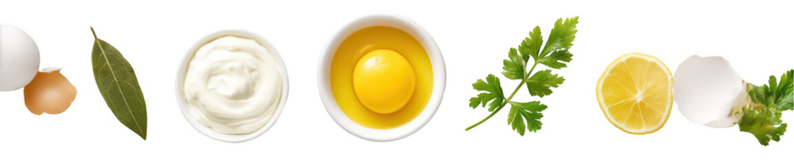 eggs, a mayonnaise bowl with yolk and egg white on the left side, a bay leaf, a lemon slice, and coriander leaves, png