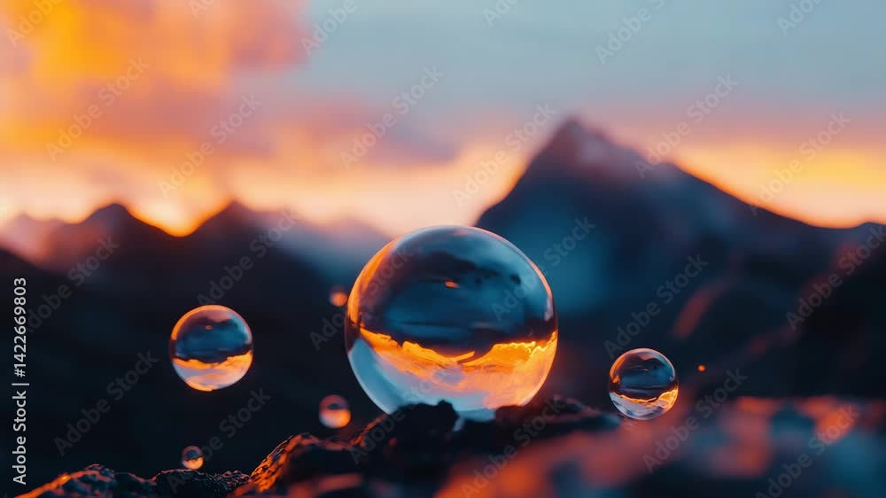 Poster a collection of vibrant, floating bubbles reflecting a colorful sunset over mountains, creating a me