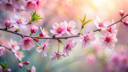Obraz premium Long Exposure Watercolor Pink Blossoms Branch, AI Photo