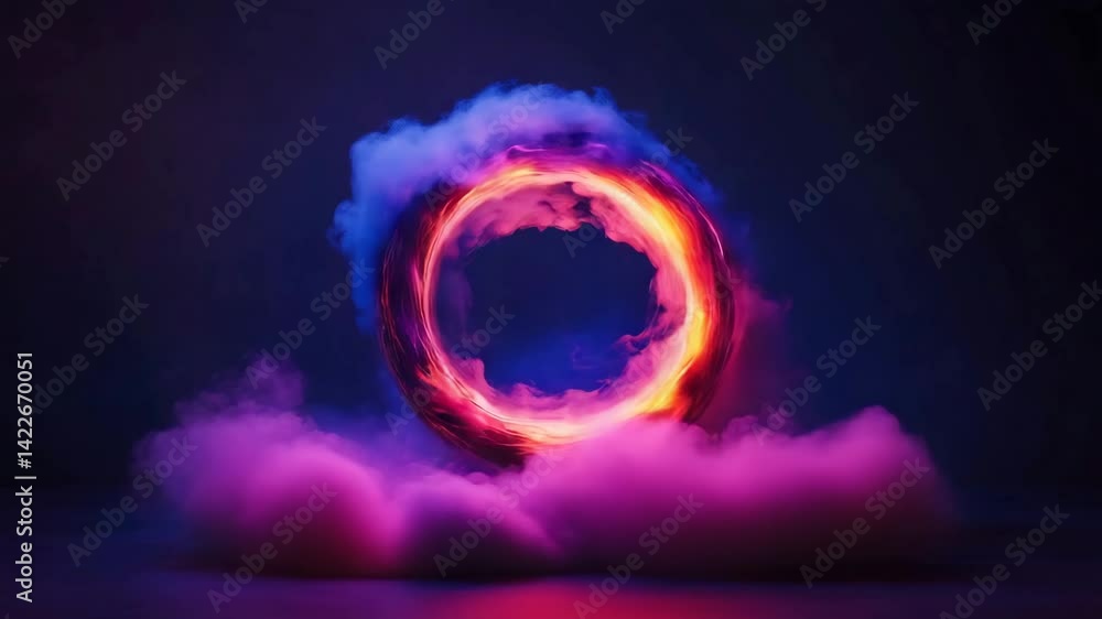 Poster a glowing, circular ring surrounded by colorful, swirling clouds against a dark background, creating