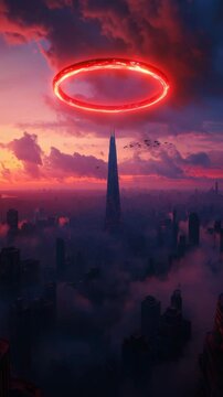 A towering skyscraper pierces a vibrant sunset sky, with a glowing red ring hovering above urban landscapes shrouded in mist. Looped abstract 3d renders of futuristic digital landscapes 