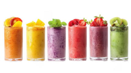 Colorful smoothie glasses with fruit and vegetable purée, isolated on a white background, png