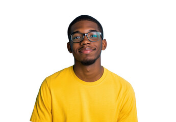 Smiling young man in yellow shirt, white background