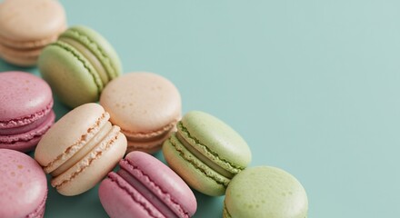 Pastel macarons on a soft blue background arranged in corner pattern.