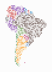 South America, shape of the continent built of colored cells. Digital style map of South America on white background. Small size circle blocks. Simple vector illustration.