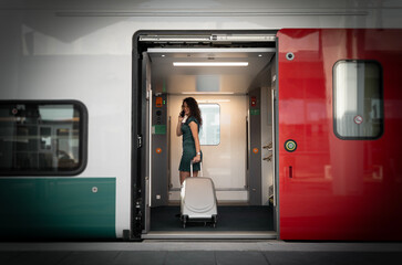 Attractive young businesswoman in dress getting into the modern train with luggage 