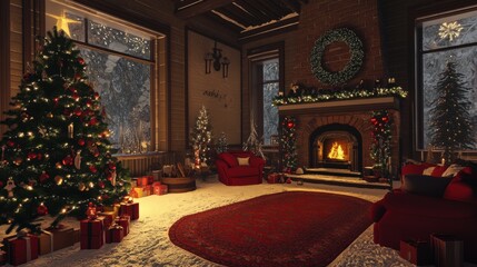 Cozy Christmas living room with decorated tree, fireplace, and snow-covered windows evoking festive holiday warmth