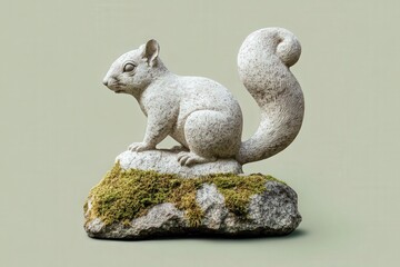 Detailed stone sculpture of a white squirrel perched on a mossy rock.