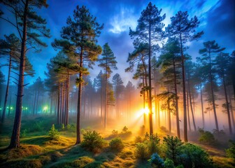 Low Light Whispering Pines, Atmospheric Landscape, Nature Photography, Night Forest, Misty Pines