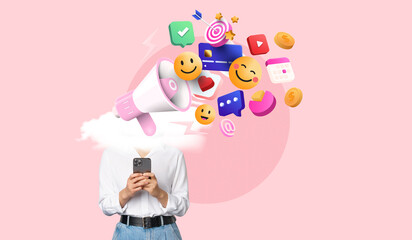 Woman with white cloud engulfing her head standing and holding smartphone with 3D Social media marketing icons overhead, Content creator and influencer concept, Contemporary art collage