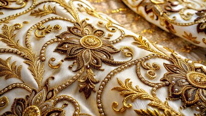 Luxury Fabric Wallpaper - Cream, Gold, Brown Embroidery