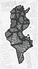 Tunisia regions map word cloud. Tunisia region names. Black and white map design. Artistic vector illustration.