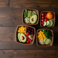  a wooden table filled with colorful healthy food bowls