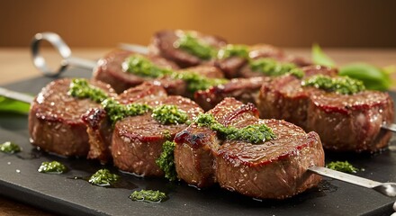 Grilled Beef Skewers Garnished with Pesto Sauce, Appetizing Presentation