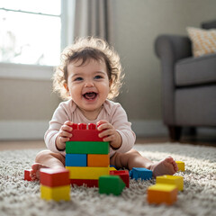 little baby girl playing with toy blocks