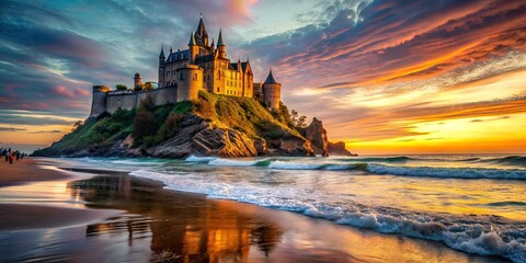 Magical Castle Beach at Night, Low Light Photography, Fantasy