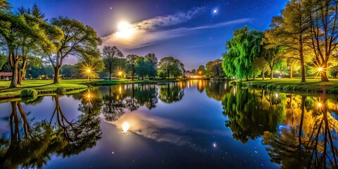 Fototapeta premium Magical Pond Night Park Photography AI Art, Tranquil Pond, Park at Night