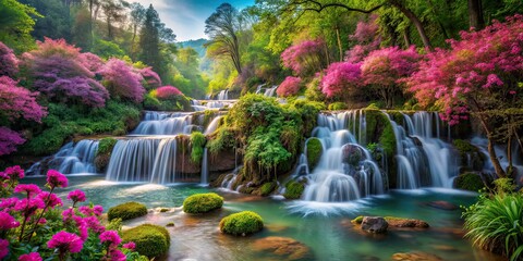 Magical Tilt-Shift Wild Forest Waterfall Pink Flowers