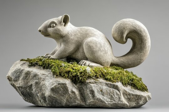 Ornate sculpted squirrel figurine perched on a mossy rock.