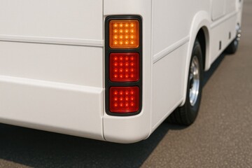 rear corner of a modern RV, showcasing a vertically aligned LED tail light and signal light assembly. 