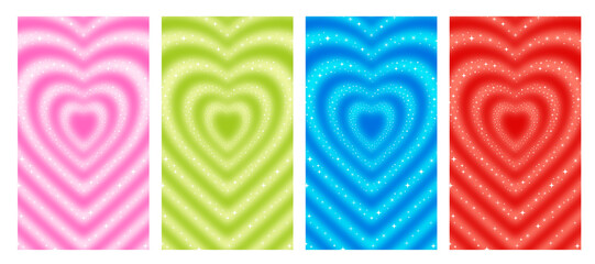 Hypnotic heart shaped tunnel color set. Rainbow retro wallpapper y2k style background,illustration.