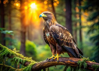 Obraz premium Majestic Eagle on Branch - Lush Forest Wildlife Photography - Rule of Thirds