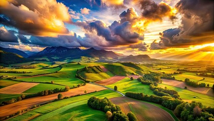 Majestic Mountain Landscape, Aerial Cloudscape, Fields
