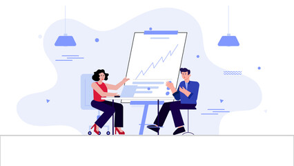 Business presentation with analytics chart. teamwork discussion data concept. flat illustration