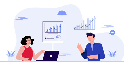 Flat Business People Analyzing Financial Data with Graphs and Charts – Vector Illustration