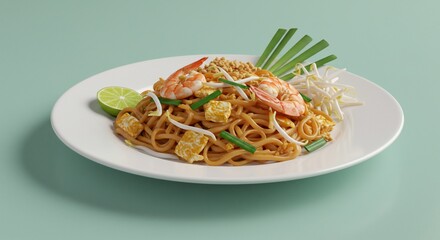 Fototapeta premium A vibrant dish of flavorful noodles with shrimp and fresh toppings.