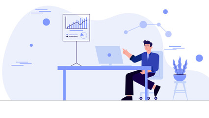 Man character sitting on chair with show financial data panel. stock review and growth. flat design
