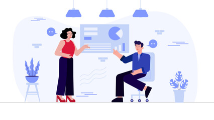 Business data analysis modern flat illustration. Set of scene a man and girl explains business data analysis on graph diagram. Vector Flat Character