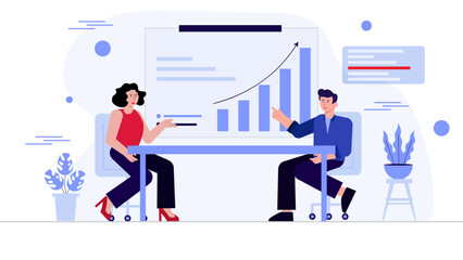 Business data analysis modern flat illustration. Set of scene a man and girl explains business data analysis on graph diagram. Vector Flat Character