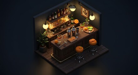 Isometric Night Bar Interior Cozy Cocktail Bar Design 3D Render Wooden Counter Drinks and Dim Lighting for Bar Restaurant and Alcohol Brand Marketing