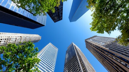 Urban skyscrapers with blue sky and green trees